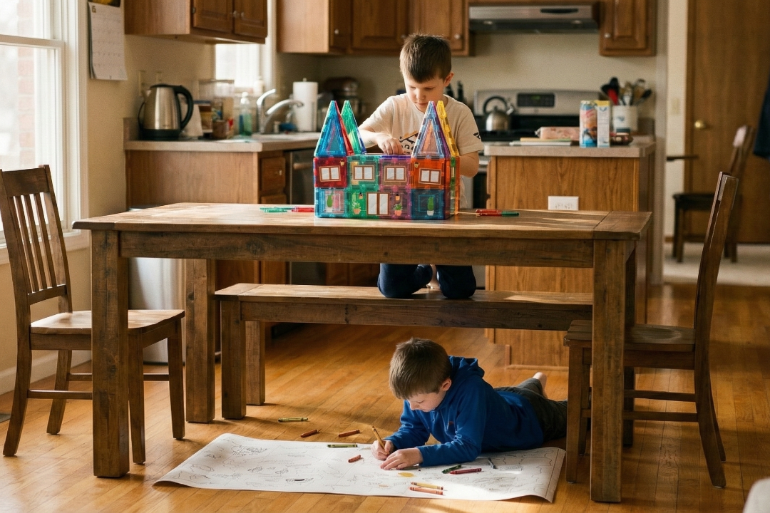Two children playing with toy castle on a wooden dining table in a home kitchen.