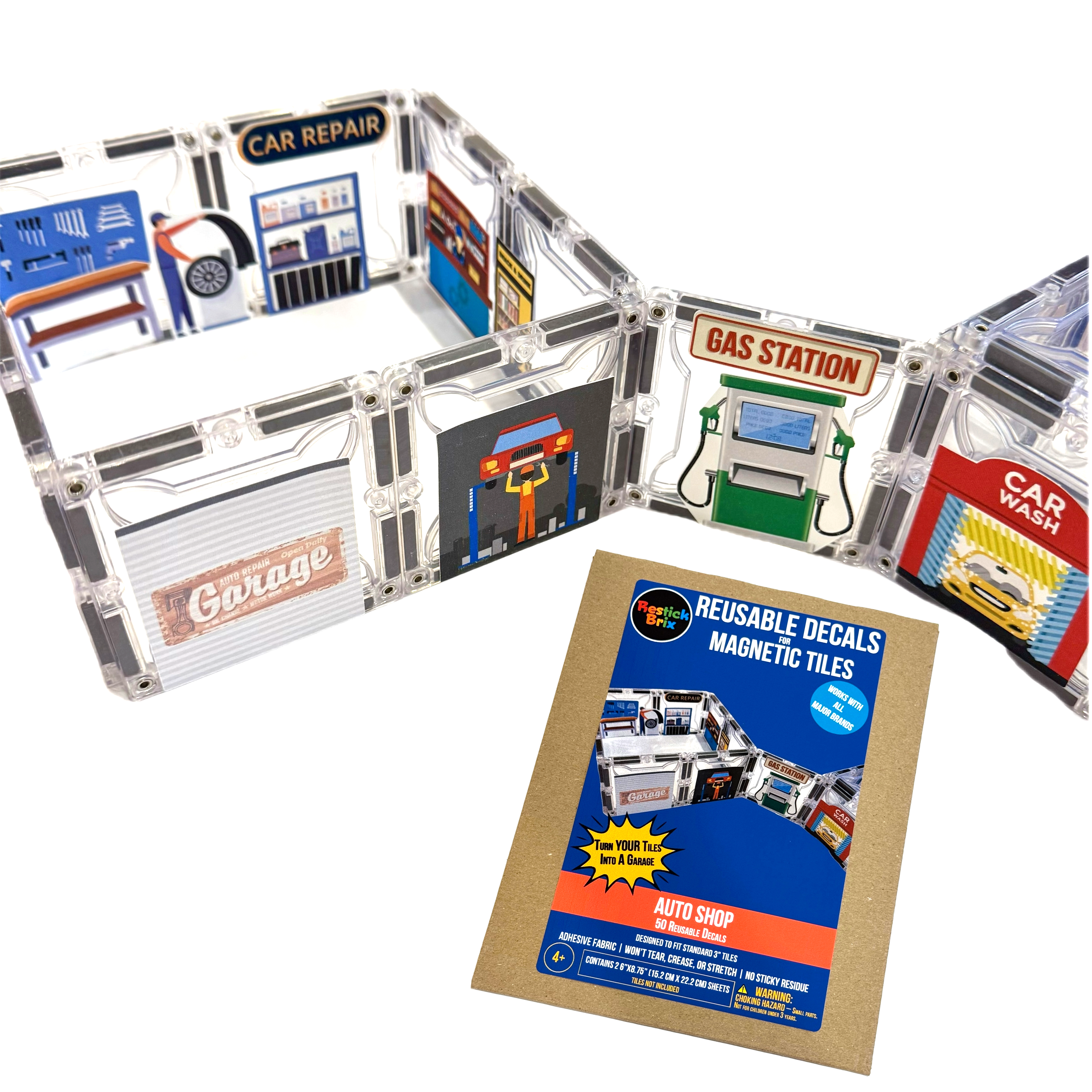 Garage-themed reusable decals for customizing magnetic tiles, plastic ...